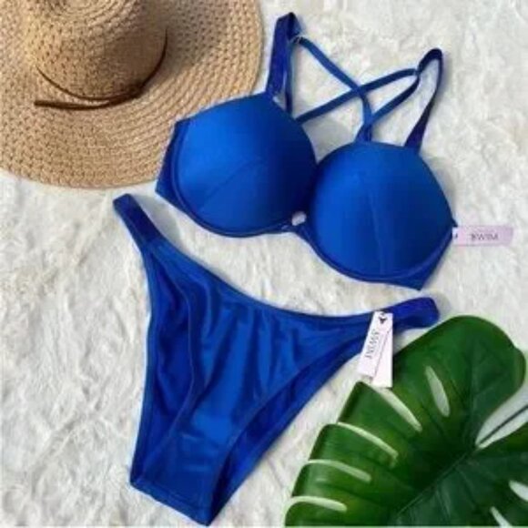 Victoria’s Secret 38D Shine Bombshell Bikini Set Blue - Picture 1 of 4